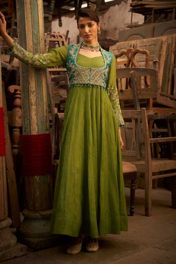 Buy_Hirika & Dhruti_Green Chanderi Embroidery Square Neck Hand Work Anarkali And Jacket Set _at_Aza_Fashions