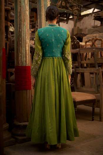 Shop_Hirika & Dhruti_Green Chanderi Embroidery Square Neck Hand Work Anarkali And Jacket Set _at_Aza_Fashions
