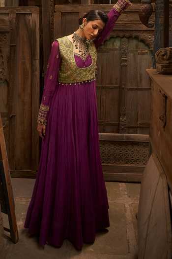 Shop_Hirika & Dhruti_Purple Chanderi Embroidery Round Neck Jamli Anarkali And Marodi Work Jacket Set _Online_at_Aza_Fashions
