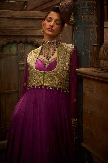 Hirika & Dhruti_Purple Chanderi Embroidery Round Neck Jamli Anarkali And Marodi Work Jacket Set _at_Aza_Fashions