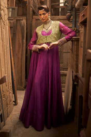 Buy_Hirika & Dhruti_Purple Chanderi Embroidery Round Neck Jamli Anarkali And Marodi Work Jacket Set _at_Aza_Fashions