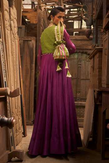 Shop_Hirika & Dhruti_Purple Chanderi Embroidery Round Neck Jamli Anarkali And Marodi Work Jacket Set _at_Aza_Fashions