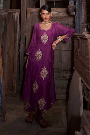 Hirika & Dhruti_Purple Chanderi Embroidery Round Neck Phul Marodi Butta Kurta Set _Online_at_Aza_Fashions