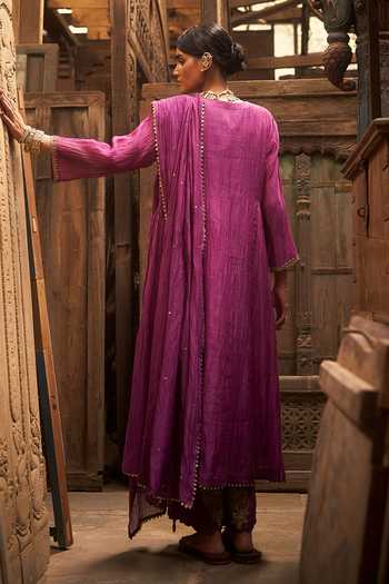 Shop_Hirika & Dhruti_Purple Chanderi Embroidery Round Neck Phul Marodi Butta Kurta Set _at_Aza_Fashions