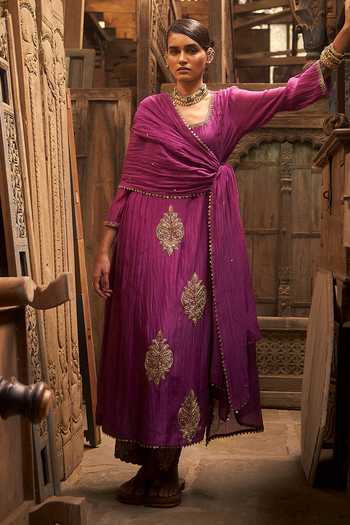 Buy_Hirika & Dhruti_Purple Chanderi Embroidery Round Neck Phul Marodi Butta Kurta Set _at_Aza_Fashions