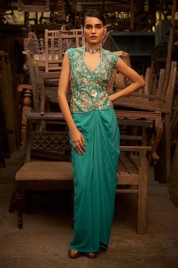 Buy_Hirika & Dhruti_Aqua Silk, Chanderi, Crepe Embroidery, Turquoise Jacket And Draped Skirt Set _at_Aza_Fashions