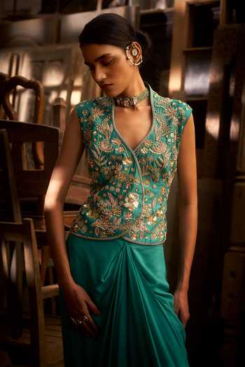 Buy_Hirika & Dhruti_Aqua Silk, Chanderi, Crepe Embroidery, Turquoise Jacket And Draped Skirt Set _Online_at_Aza_Fashions