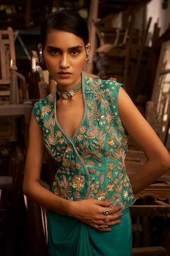 Shop_Hirika & Dhruti_Aqua Silk, Chanderi, Crepe Embroidery, Turquoise Jacket And Draped Skirt Set _Online_at_Aza_Fashions