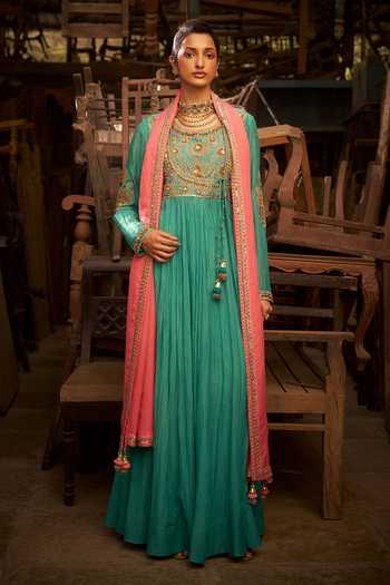 Buy_Hirika & Dhruti_Aqua Cotton, Organza, Chanderi, Lycra Embroidery Round Neck Marodi Angarkha Set _at_Aza_Fashions