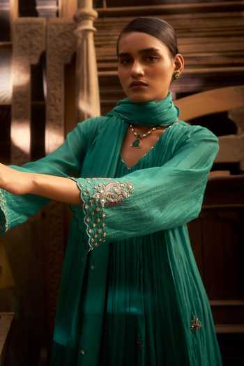 Hirika & Dhruti_Aqua Chanderi Embroidery V-neck Scattered Butti Anarkali Set _Online_at_Aza_Fashions