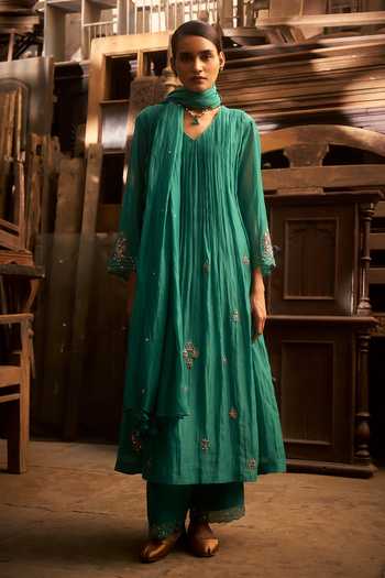 Shop_Hirika & Dhruti_Aqua Chanderi Embroidery V-neck Scattered Butti Anarkali Set _at_Aza_Fashions