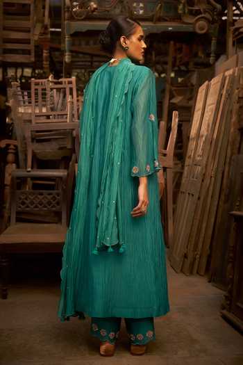 Shop_Hirika & Dhruti_Aqua Chanderi Embroidery V-neck Marodi Butti Kurta Set _at_Aza_Fashions