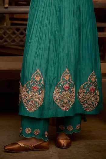 Shop_Hirika & Dhruti_Aqua Chanderi Embroidery V-neck Marodi Butti Kurta Set _Online_at_Aza_Fashions