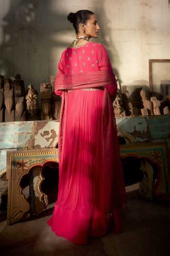 Shop_Hirika & Dhruti_Pink Georgette, Tissue Embroidery V-neck Anarkali And Dupatta Set _at_Aza_Fashions