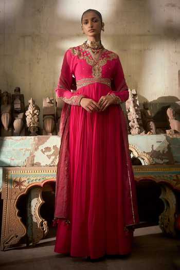 Buy_Hirika & Dhruti_Pink Georgette, Tissue Embroidery V-neck Anarkali And Dupatta Set _at_Aza_Fashions