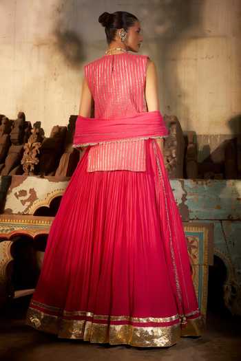 Shop_Hirika & Dhruti_Pink Chanderi, Silk, Organza Embroidery Round Neck Zardozi Kurta Lehenga Set _at_Aza_Fashions