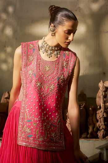 Shop_Hirika & Dhruti_Pink Chanderi, Silk, Organza Embroidery Round Neck Zardozi Kurta Lehenga Set _Online_at_Aza_Fashions