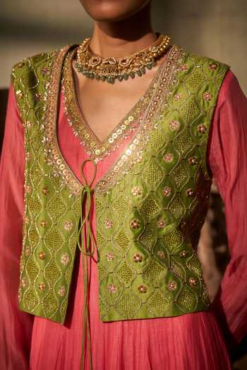 Buy_Hirika & Dhruti_Peach Chanderi, Silk Zari, Embroidery V-neck Anarkali With Jharokha Work Jacket _Online_at_Aza_Fashions