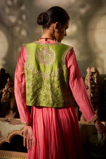 Shop_Hirika & Dhruti_Peach Chanderi, Silk Zari, Embroidery V-neck Anarkali With Jharokha Work Jacket _Online_at_Aza_Fashions