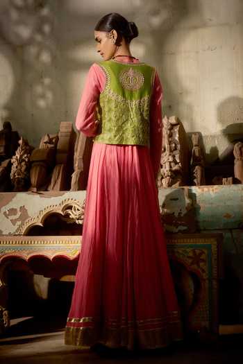 Shop_Hirika & Dhruti_Peach Chanderi, Silk Zari, Embroidery V-neck Anarkali With Jharokha Work Jacket _at_Aza_Fashions
