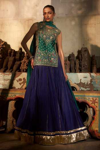 Buy_Hirika & Dhruti_Blue Chanderi, Silk, Organza Embroidery Mandarin Zardozi Work Kurta Lehenga Set _at_Aza_Fashions