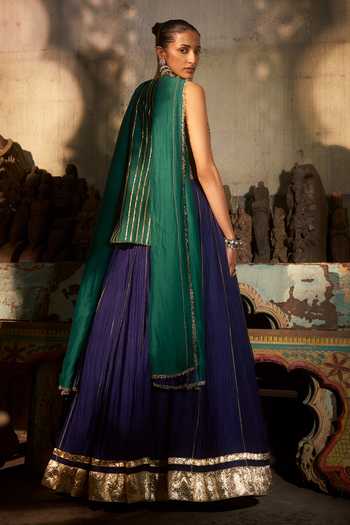 Shop_Hirika & Dhruti_Blue Chanderi, Silk, Organza Embroidery Mandarin Zardozi Work Kurta Lehenga Set _at_Aza_Fashions