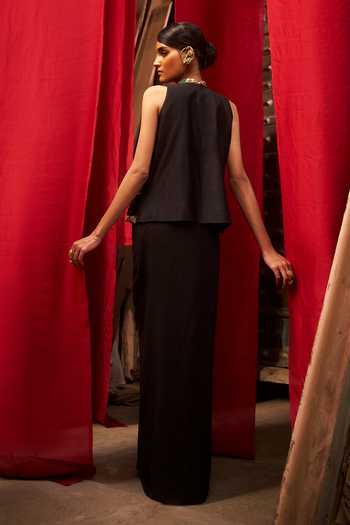 Shop_Hirika & Dhruti_Black Silk, Chanderi, Crepe Marodi Work Layered Top And Draped Skirt Set _at_Aza_Fashions
