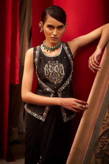 Buy_Hirika & Dhruti_Black Silk, Chanderi, Crepe Marodi Work Layered Top And Draped Skirt Set 