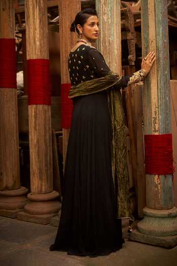 Shop_Hirika & Dhruti_Black Georgette, Tissue Embroidery V-neck Anarkali And Dupatta Set _at_Aza_Fashions