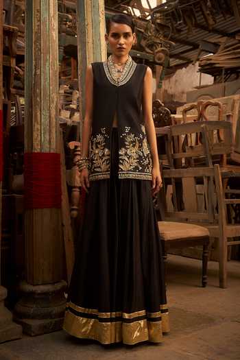 Shop_Hirika & Dhruti_Black Silk, Chanderi Embroidery, Gota Patti Hand Jacket And Kali Sharara Set _Online_at_Aza_Fashions