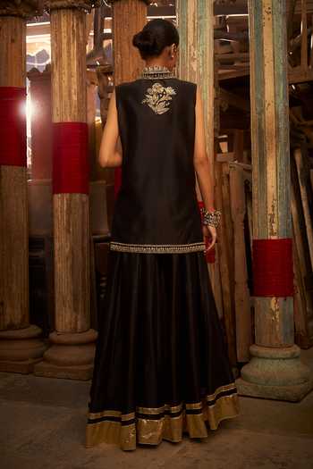 Shop_Hirika & Dhruti_Black Silk, Chanderi Embroidery, Gota Patti Hand Jacket And Kali Sharara Set _at_Aza_Fashions
