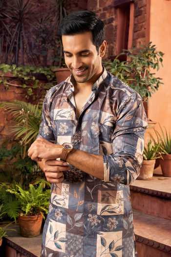 Jhambthreads_Multi Color Silk, Cotton Mosaic Print Kurta And Pyjama Set _Online_at_Aza_Fashions