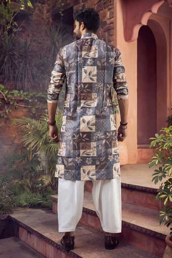 Shop_Jhambthreads_Multi Color Silk, Cotton Mosaic Print Kurta And Pyjama Set _at_Aza_Fashions