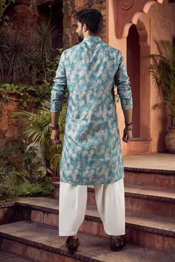 Shop_Jhambthreads_Blue Silk, Cotton Printed Kurta And Pyjama Set _at_Aza_Fashions