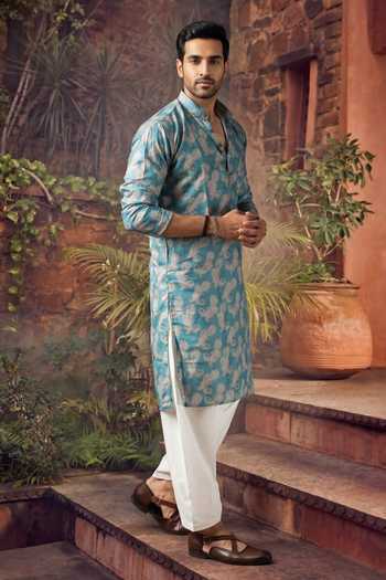 Jhambthreads_Blue Silk, Cotton Printed Kurta And Pyjama Set _Online_at_Aza_Fashions