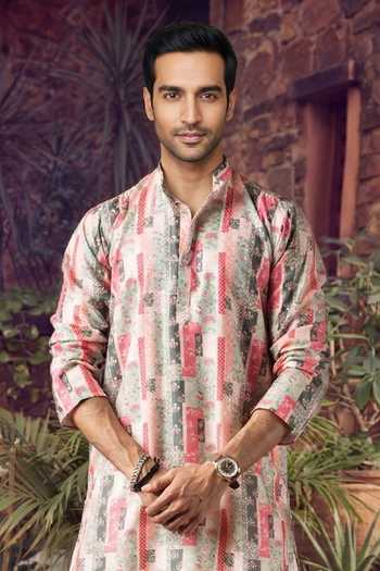 Jhambthreads_Multi Color Silk, Cotton Abstract Printed Kurta And Pyjama Set _Online_at_Aza_Fashions