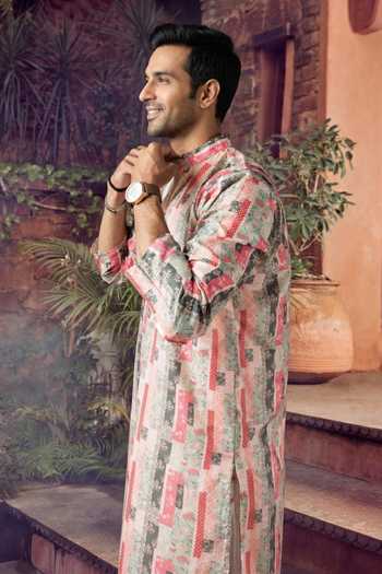 Buy_Jhambthreads_Multi Color Silk, Cotton Abstract Printed Kurta And Pyjama Set _Online_at_Aza_Fashions