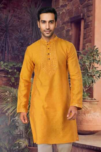 Buy_Jhambthreads_Yellow Silk, Jacquard Embroidery, Mirrors Kurta And Pant Set _Online_at_Aza_Fashions