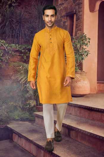 Buy_Jhambthreads_Yellow Silk, Jacquard Embroidery, Mirrors Kurta And Pant Set _at_Aza_Fashions