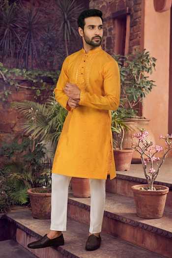 Shop_Jhambthreads_Yellow Silk, Jacquard Embroidery, Mirrors Kurta And Pant Set _at_Aza_Fashions