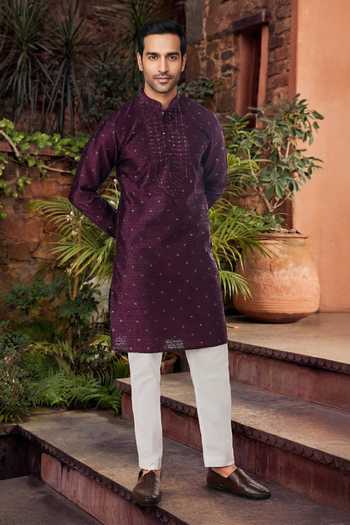 Buy_Jhambthreads_Wine Silk, Jacquard Embroidery, Mirrors Work Kurta And Pant Set _at_Aza_Fashions