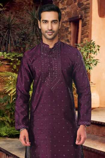 Jhambthreads_Wine Silk, Jacquard Embroidery, Mirrors Work Kurta And Pant Set _Online_at_Aza_Fashions