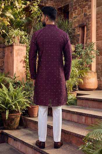 Shop_Jhambthreads_Wine Silk, Jacquard Embroidery, Mirrors Work Kurta And Pant Set _at_Aza_Fashions
