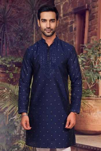 Jhambthreads_Blue Silk, Jacquard Mirrors, Embroidery Kurta And Pant Set _Online_at_Aza_Fashions