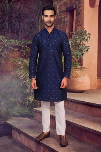 Buy_Jhambthreads_Blue Silk, Jacquard Mirrors, Embroidery Kurta And Pant Set _Online_at_Aza_Fashions