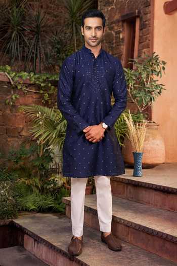 Buy_Jhambthreads_Blue Silk, Jacquard Mirrors, Embroidery Kurta And Pant Set _at_Aza_Fashions