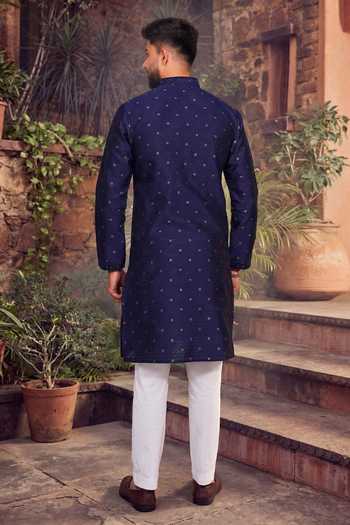 Shop_Jhambthreads_Blue Silk, Jacquard Mirrors, Embroidery Kurta And Pant Set _at_Aza_Fashions