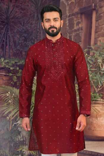 Jhambthreads_Maroon Silk, Jacquard Embroidery, Mirrors Kurta And Pant Set _Online_at_Aza_Fashions
