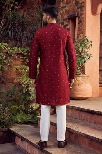 Shop_Jhambthreads_Maroon Silk, Jacquard Embroidery, Mirrors Kurta And Pant Set _at_Aza_Fashions