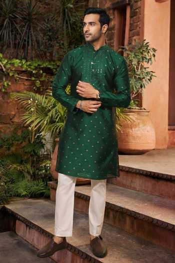 Buy_Jhambthreads_Green Silk, Jacquard Embroidery, Mirrors Kurta And Pant Set _at_Aza_Fashions